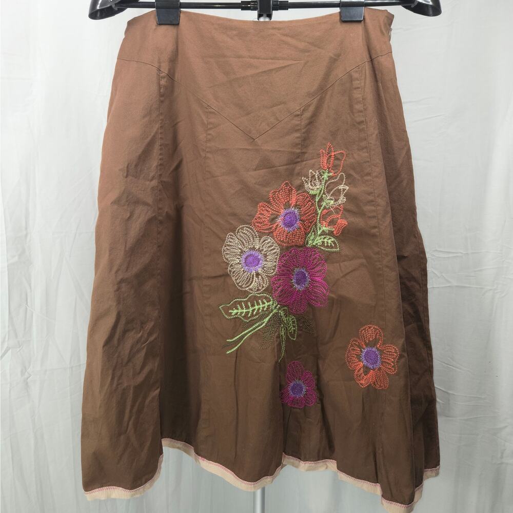 Carole Little Brown Embroidered Floral Skirt Cotton A-Line Size 8 Boho